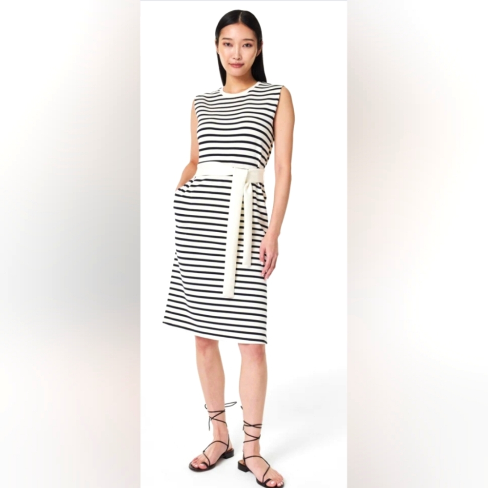 SPANX B+W horizontal stripe sleeveless sheath stretch ponte-knit dress w/belt
